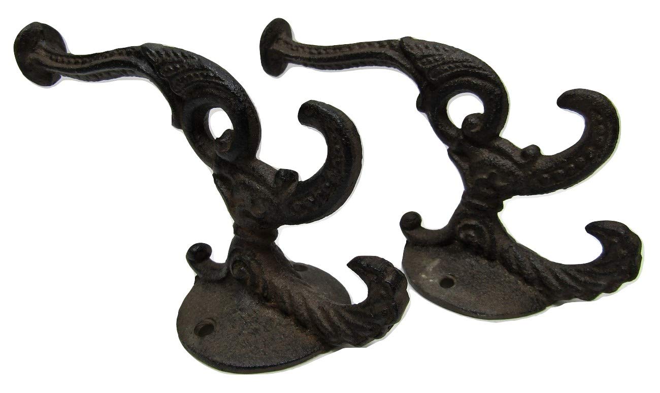 Coat Hat Hooks Cast Iron 6.5" x 4" Triple Hook Lot Set of 2 Antique Vintage Style