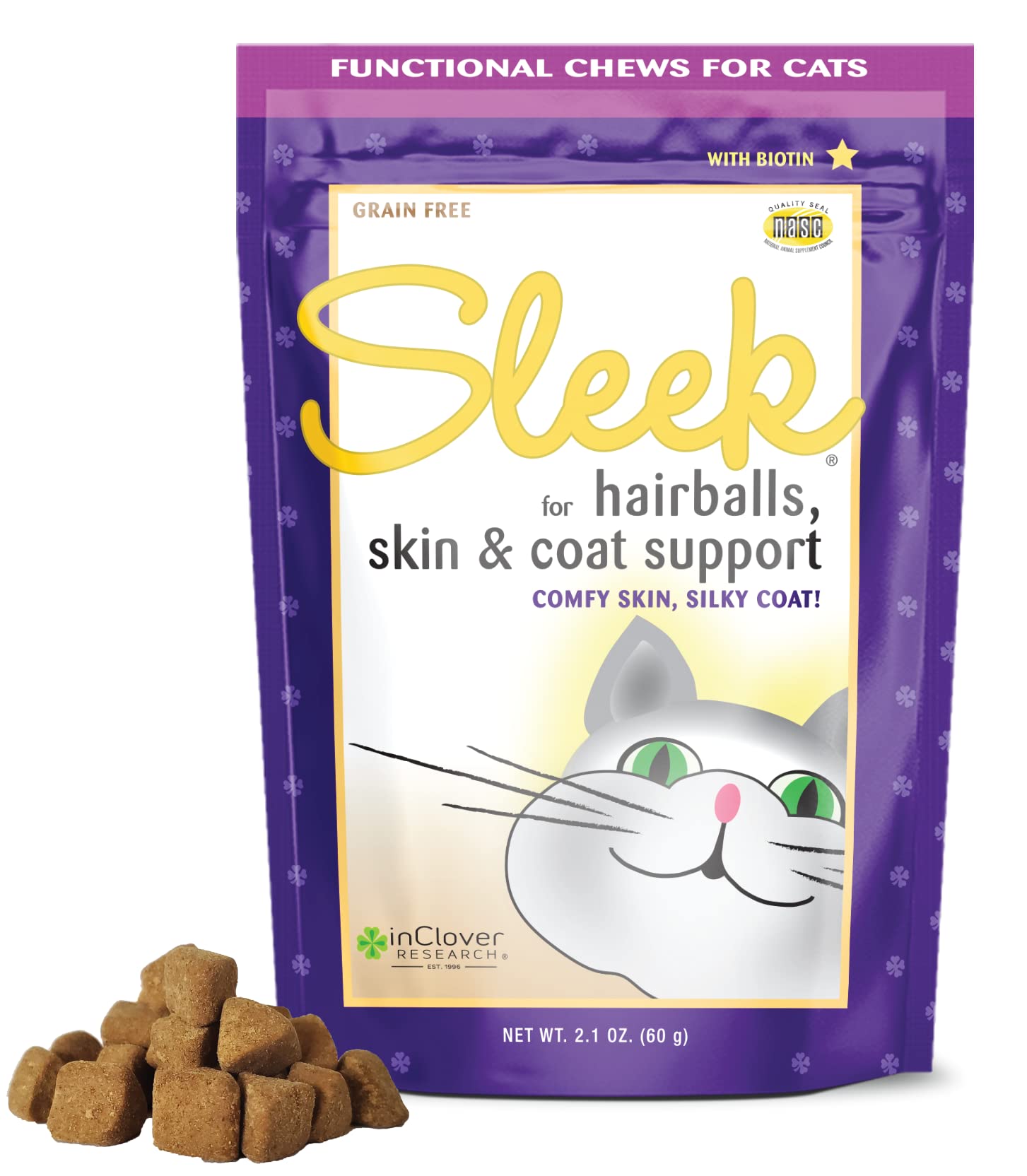 In Clover Sleek Daily Skin, Coat, and Hairballs Support Soft Chews for Cats, 2.1oz.(60 Count)