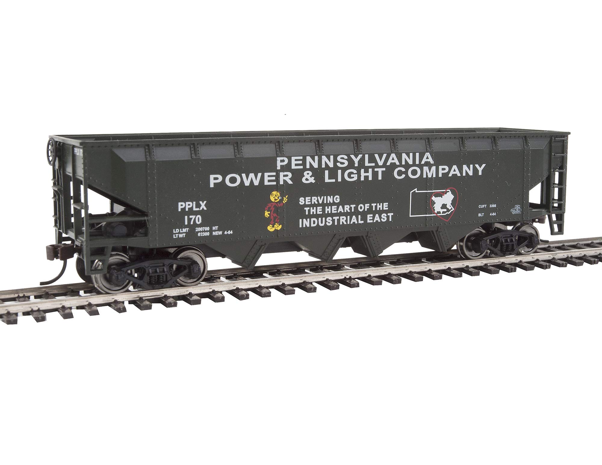 Walthers Trainline HO Scale Model Offset Quad Hopper - Ready to Run - Pennsylvania Power & Light Pplx #170