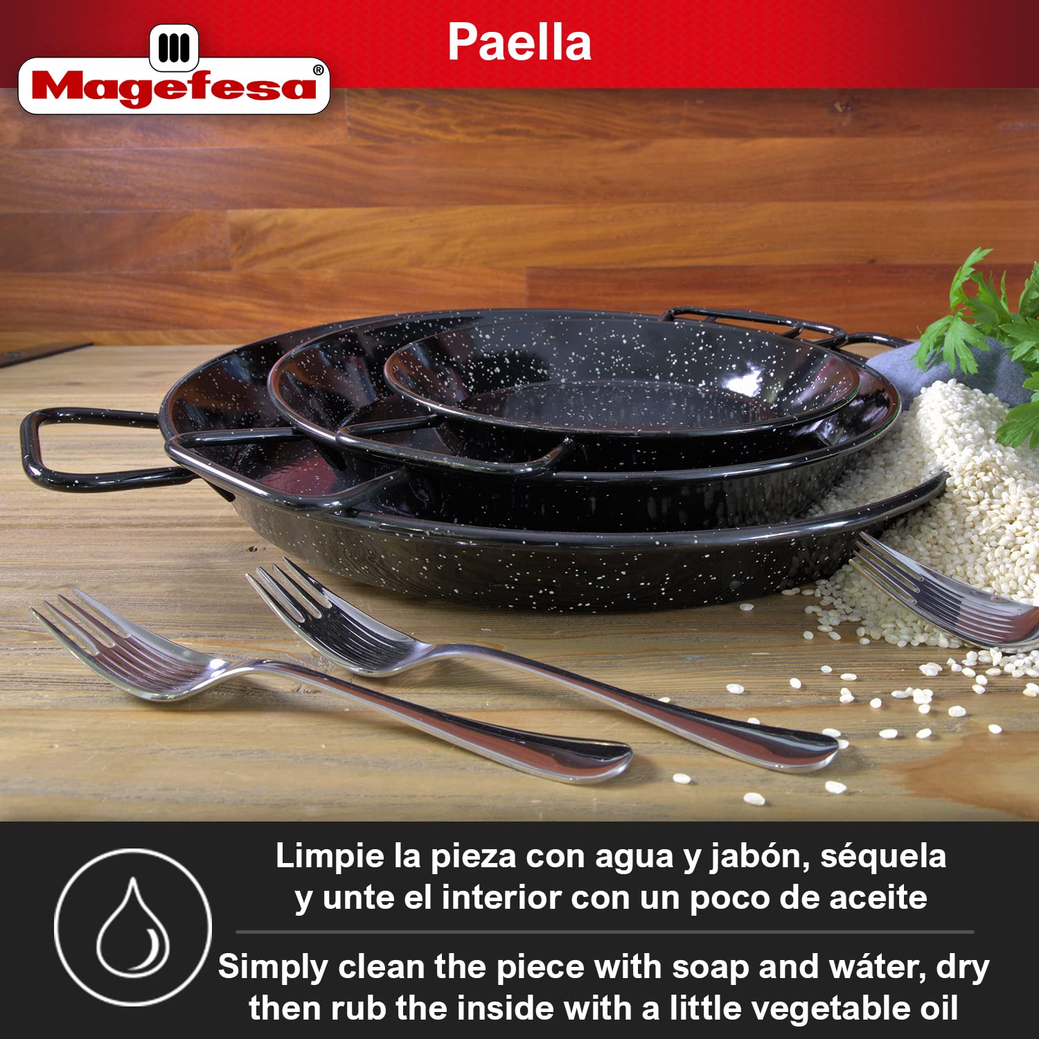 MAGEFESA® Enamelled - paella pan 17 in - 42 cm and 10 Servings, made in Enameled Steel, with dimples for greater resistance and lightness, ideal for cooking outdoors, cook your own Valencian paella