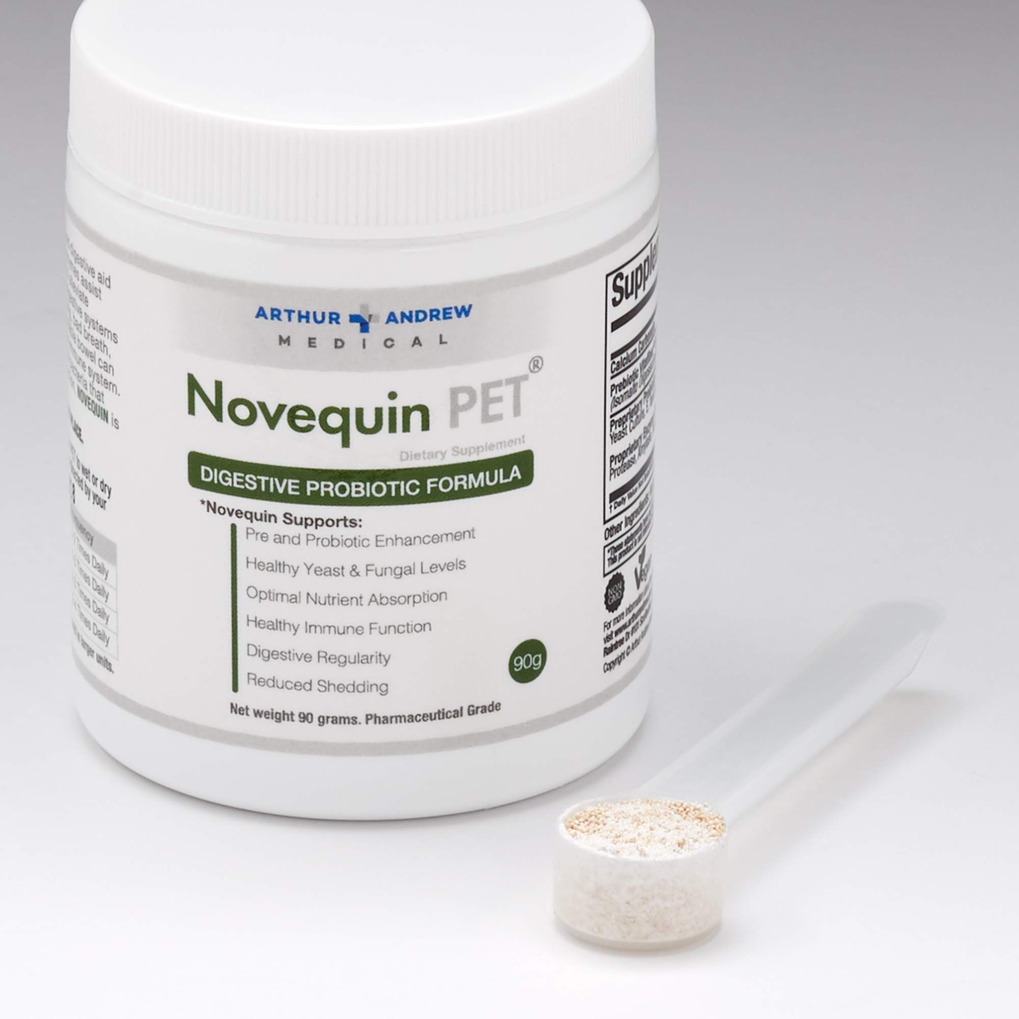 Arthur Andrew Medical, Novequin PET, Digestive Probiotic Formula for Pets, Prebiotics, Probiotics, and Enzymes, Non-GMO, 90 Grams (90 Servings)