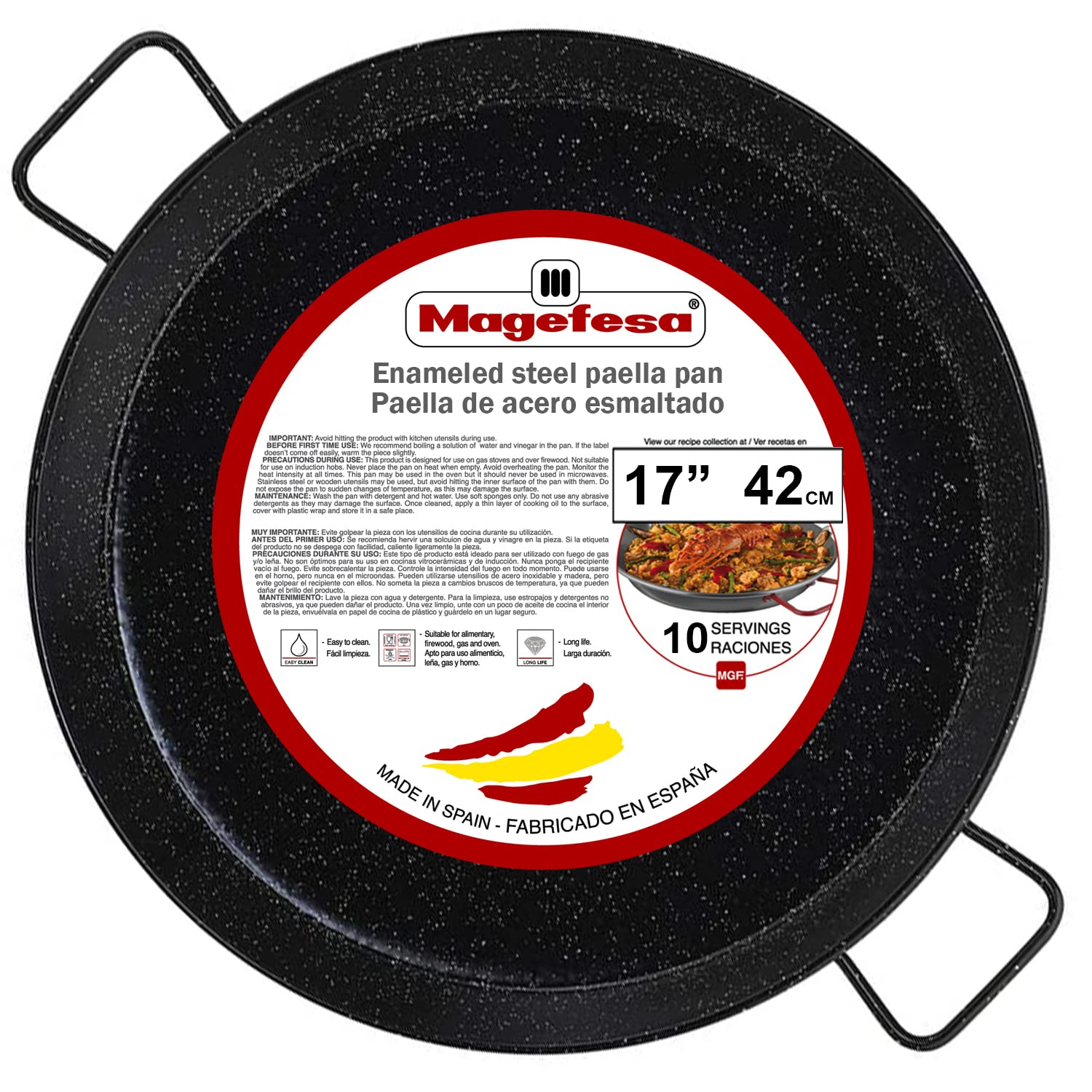 MAGEFESA® Enamelled - paella pan 17 in - 42 cm and 10 Servings, made in Enameled Steel, with dimples for greater resistance and lightness, ideal for cooking outdoors, cook your own Valencian paella