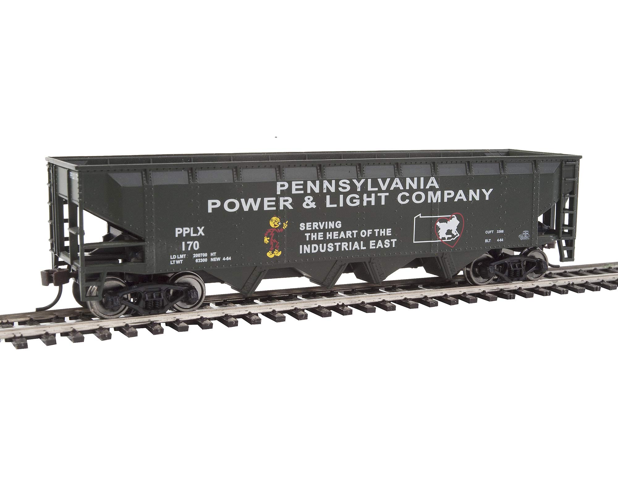 Walthers Trainline HO Scale Model Offset Quad Hopper - Ready to Run - Pennsylvania Power & Light Pplx #170