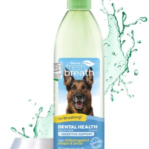 TropiClean Fresh Breath Plus Prebiotics for Digestive Support | Dog Breath Water Additive | Dental Care | Dog Breath Freshener | Simple Pet Teeth Cleaning | Made in USA | 16 oz