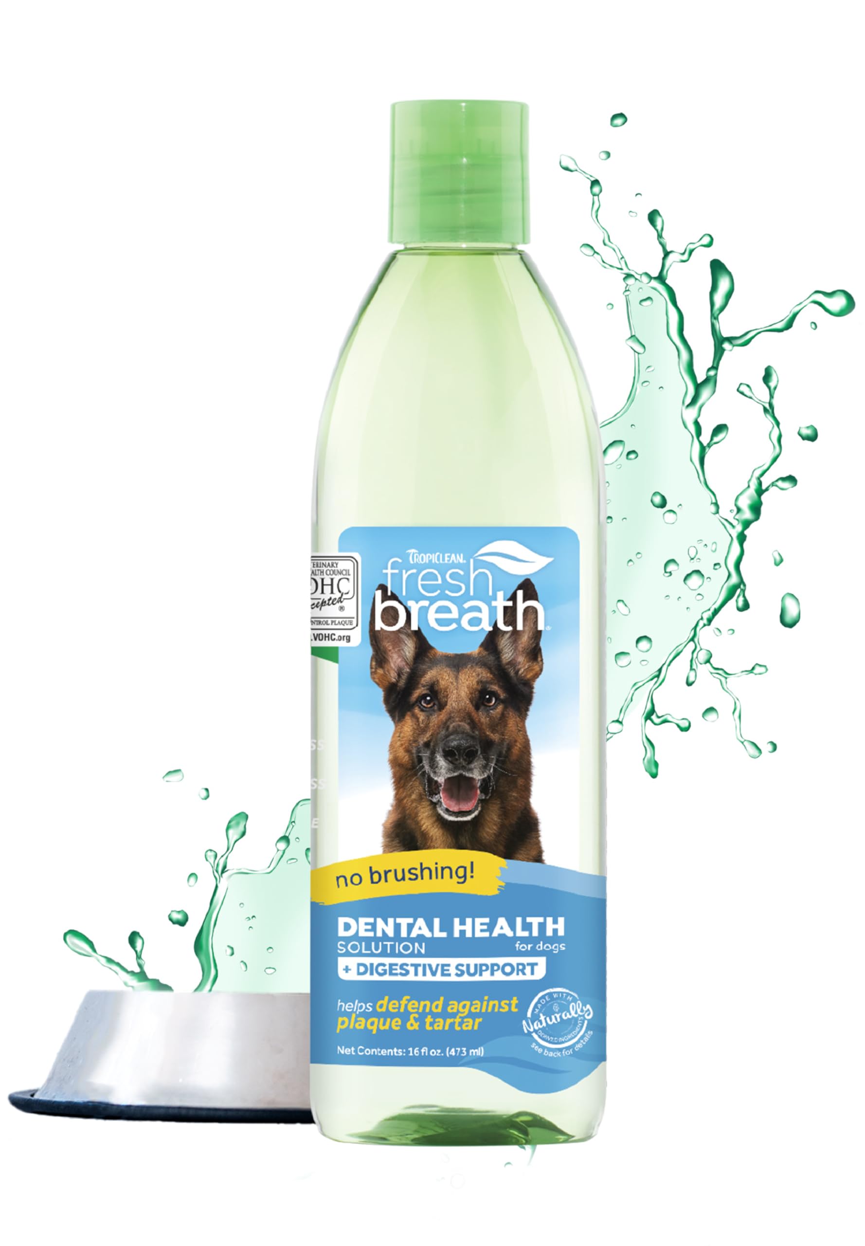 TropiClean Fresh Breath Plus Prebiotics for Digestive Support | Dog Breath Water Additive | Dental Care | Dog Breath Freshener | Simple Pet Teeth Cleaning | Made in USA | 16 oz