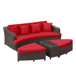 Modway Monterey Wicker Rattan 4-Piece Outdoor Patio Sectional Sofa Furniture Set with Cushions in Brown Red