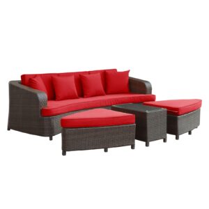 modway monterey wicker rattan 4-piece outdoor patio sectional sofa furniture set with cushions in brown red