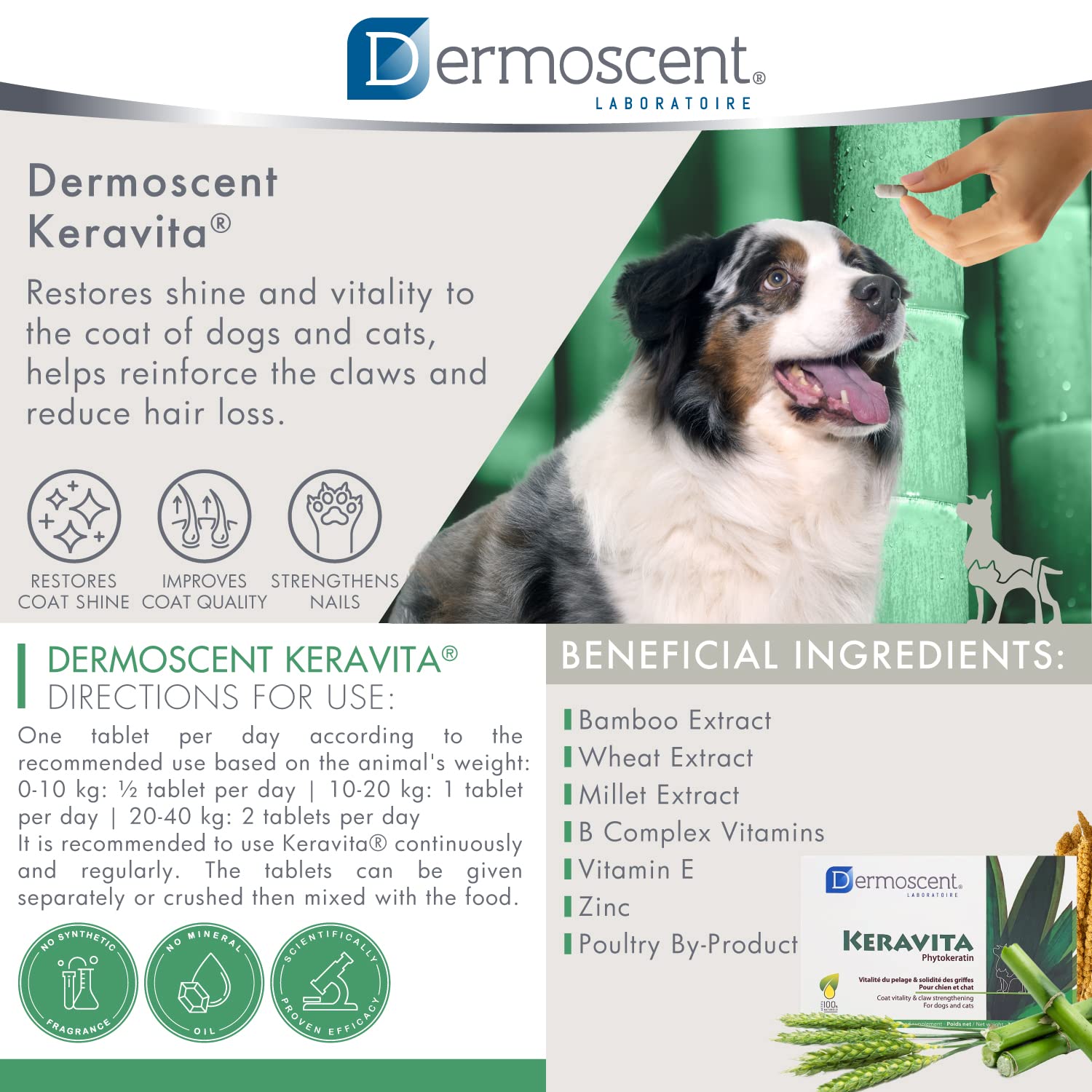 Dermoscent Keravita® Dog & Cat Skin and Coat Food Supplement - Natural Vitamin Pills for Hair Loss or Brittle Claws - 30 Tablets