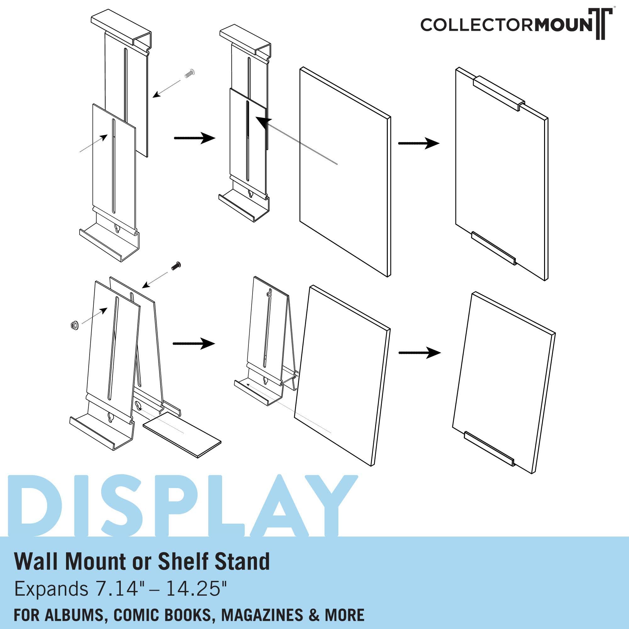 CollectorMount Album Mount 1 Pack Wall Mount Album Frame Brackets or Shelf Stand, Adjustable, Clear to display Vinyl Records