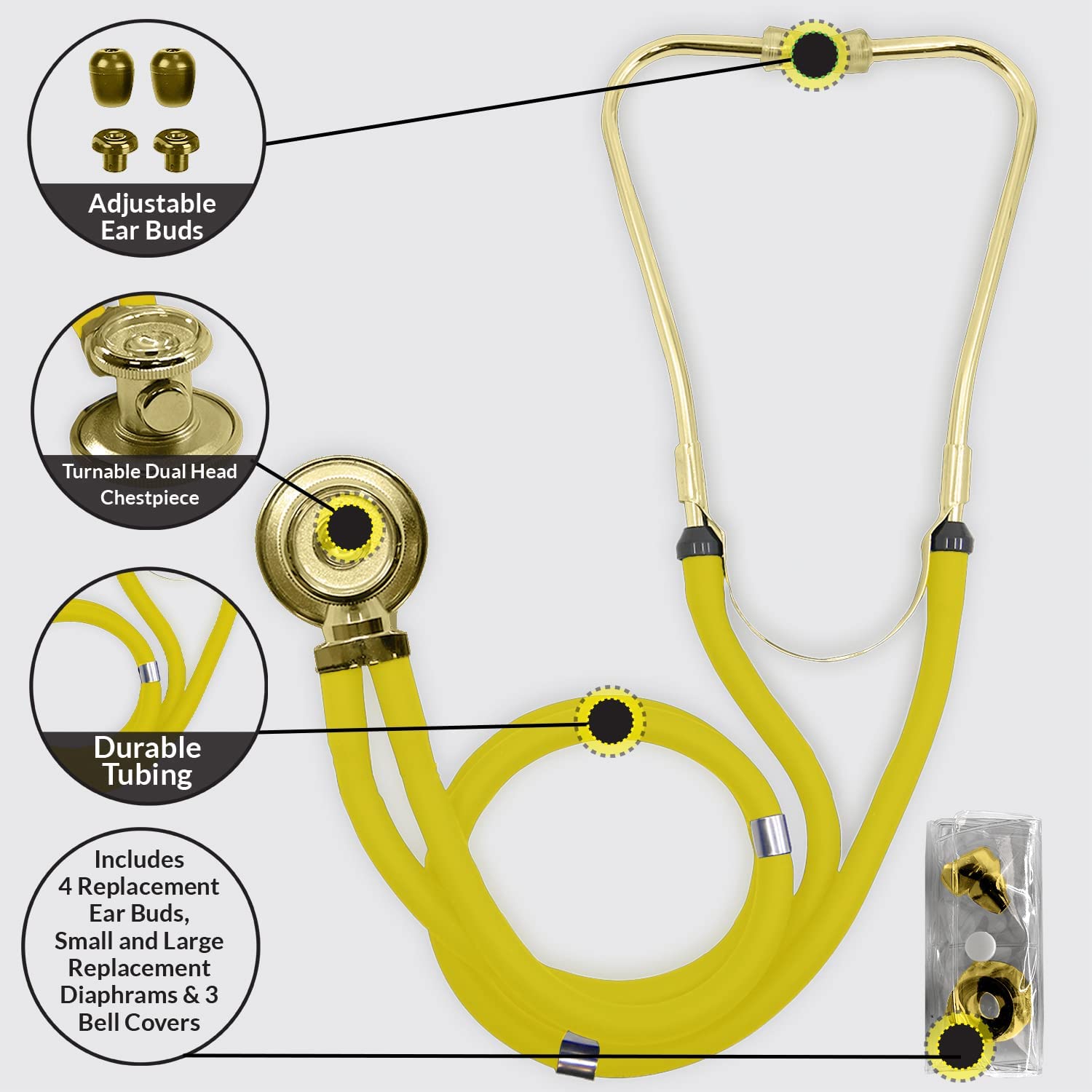 Dixie Ems Sprague-Rappaport Type Two Tube Stethoscope – Yellow with Plated Gold