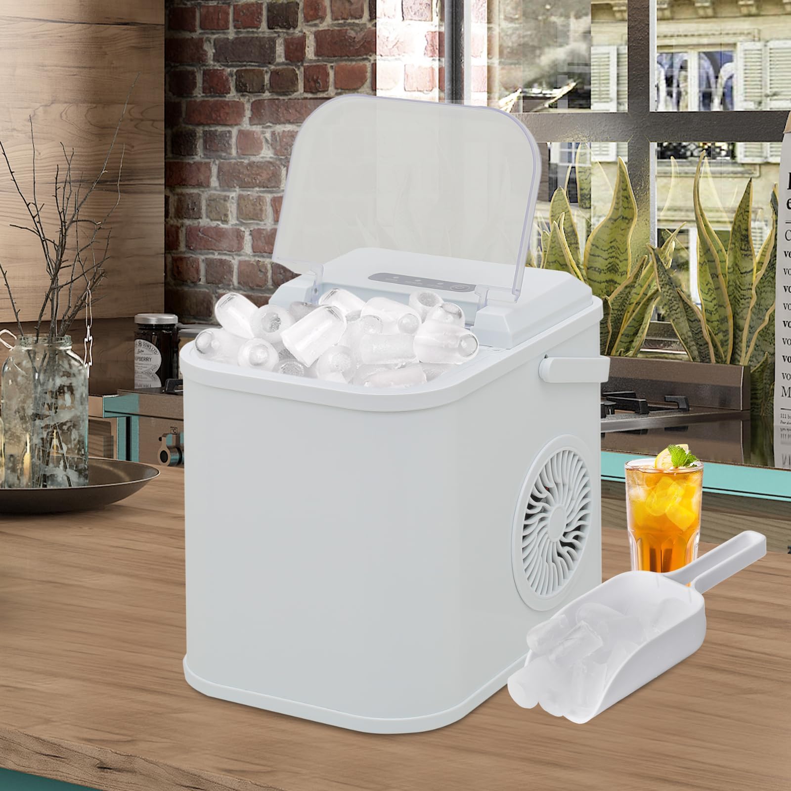 mollie Ice Makers Countertop, 8 Mins 8 Bullet Ice, 24lbs Per Day, Portable Ice Maker Machine with Handle, Self-Cleaning Ice Scoop and Basket, for Home Kitchen Office Camping Bar Party, White