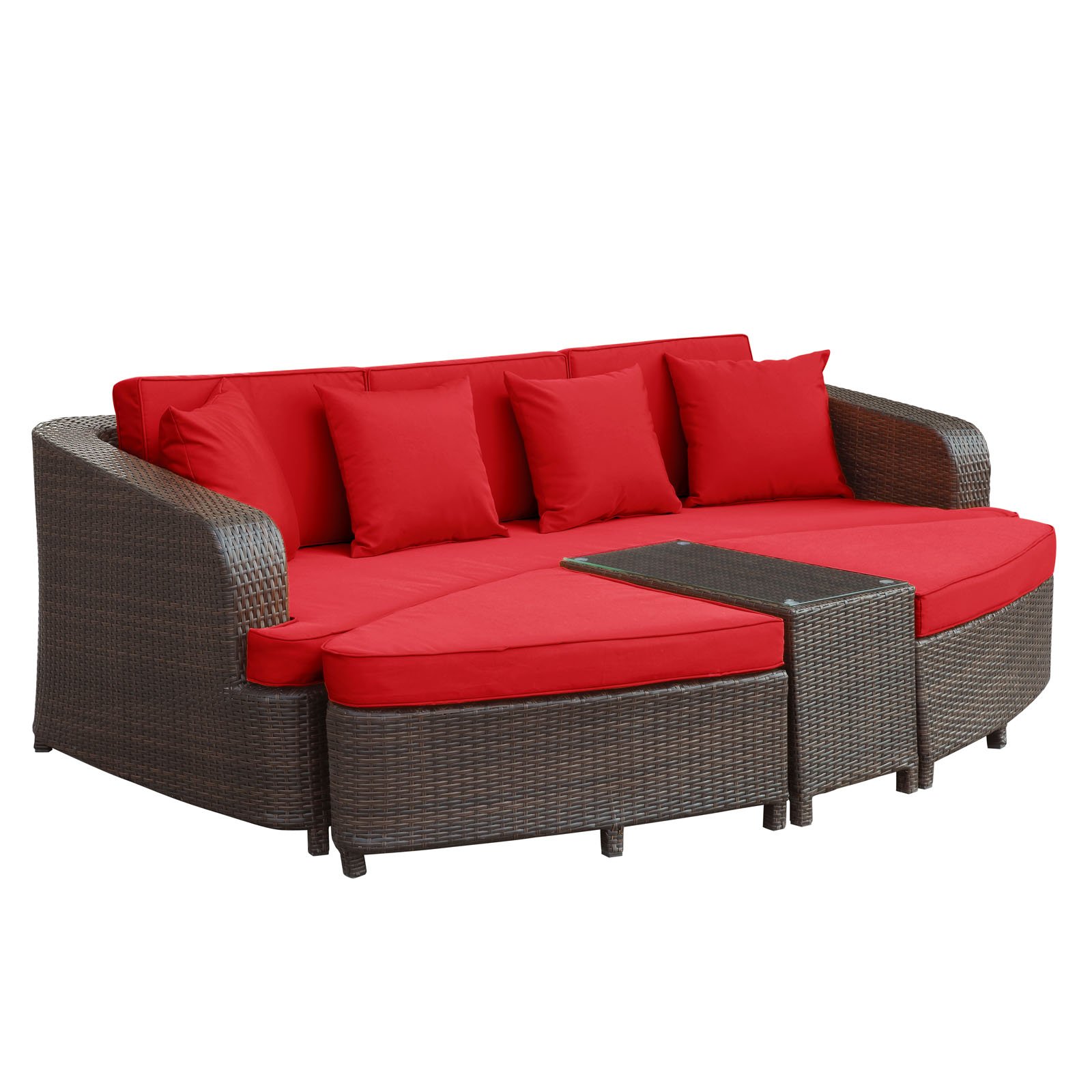 Modway Monterey Wicker Rattan 4-Piece Outdoor Patio Sectional Sofa Furniture Set with Cushions in Brown Red