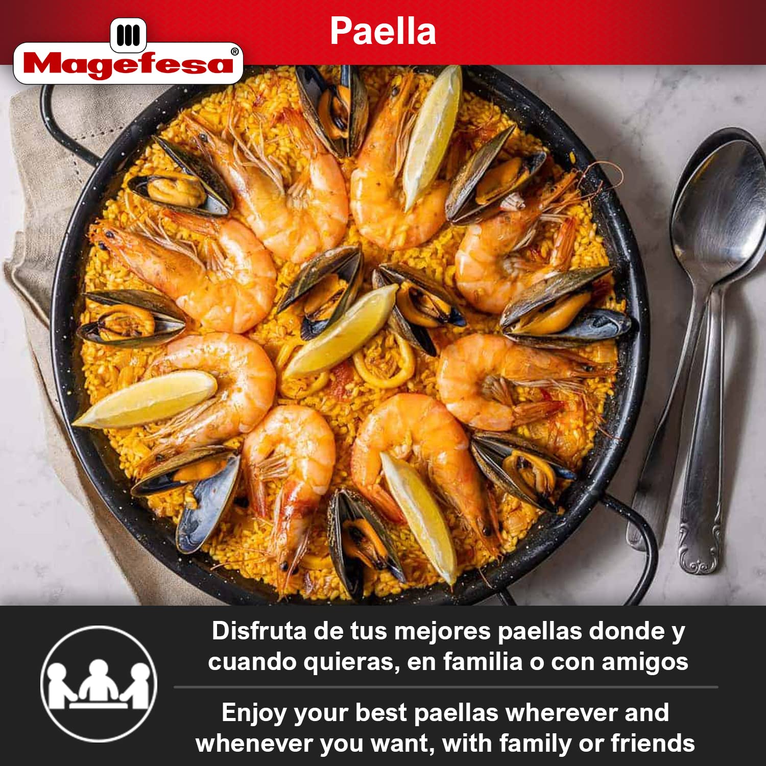 MAGEFESA® Enamelled - paella pan 17 in - 42 cm and 10 Servings, made in Enameled Steel, with dimples for greater resistance and lightness, ideal for cooking outdoors, cook your own Valencian paella