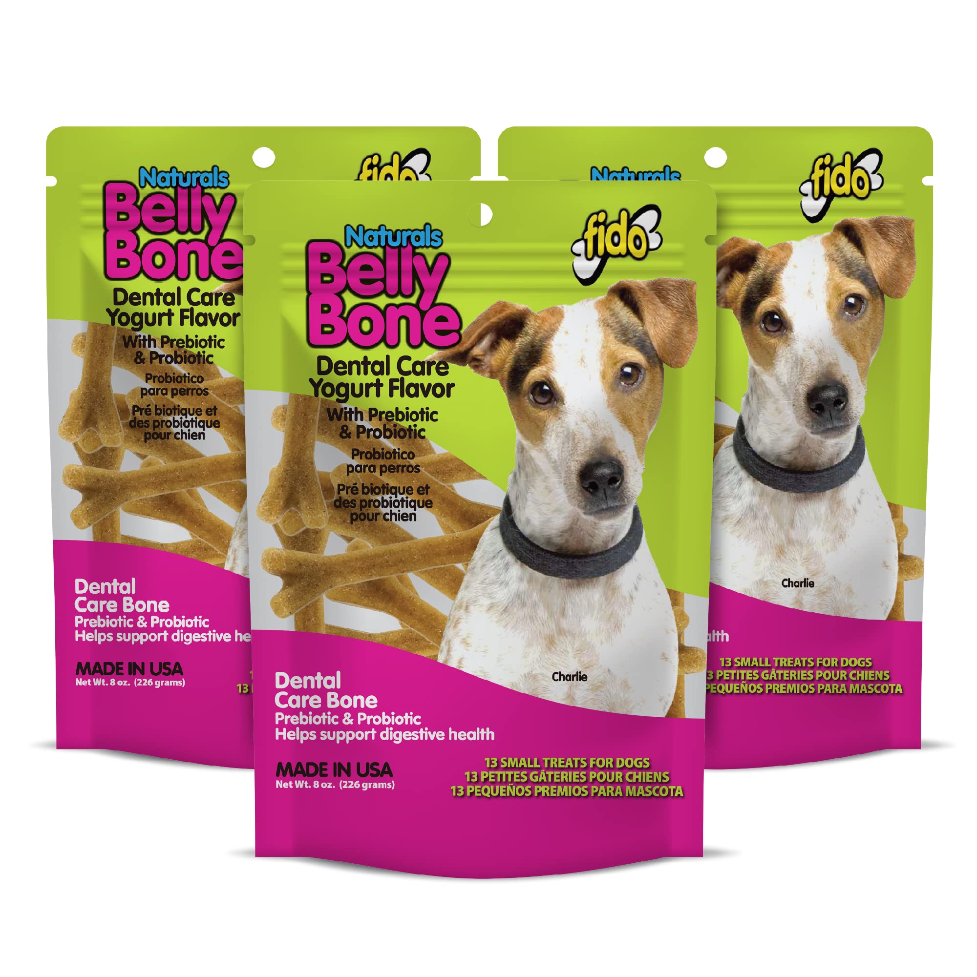 Fido Naturals Belly Bones for Dogs, Yogurt Flavored Small Dog Dental Treats - 13 Treats Per Pack (3 Pack) - Made in USA, Plaque & Tartar Control, for Fresh Breath and Digestive Health Support