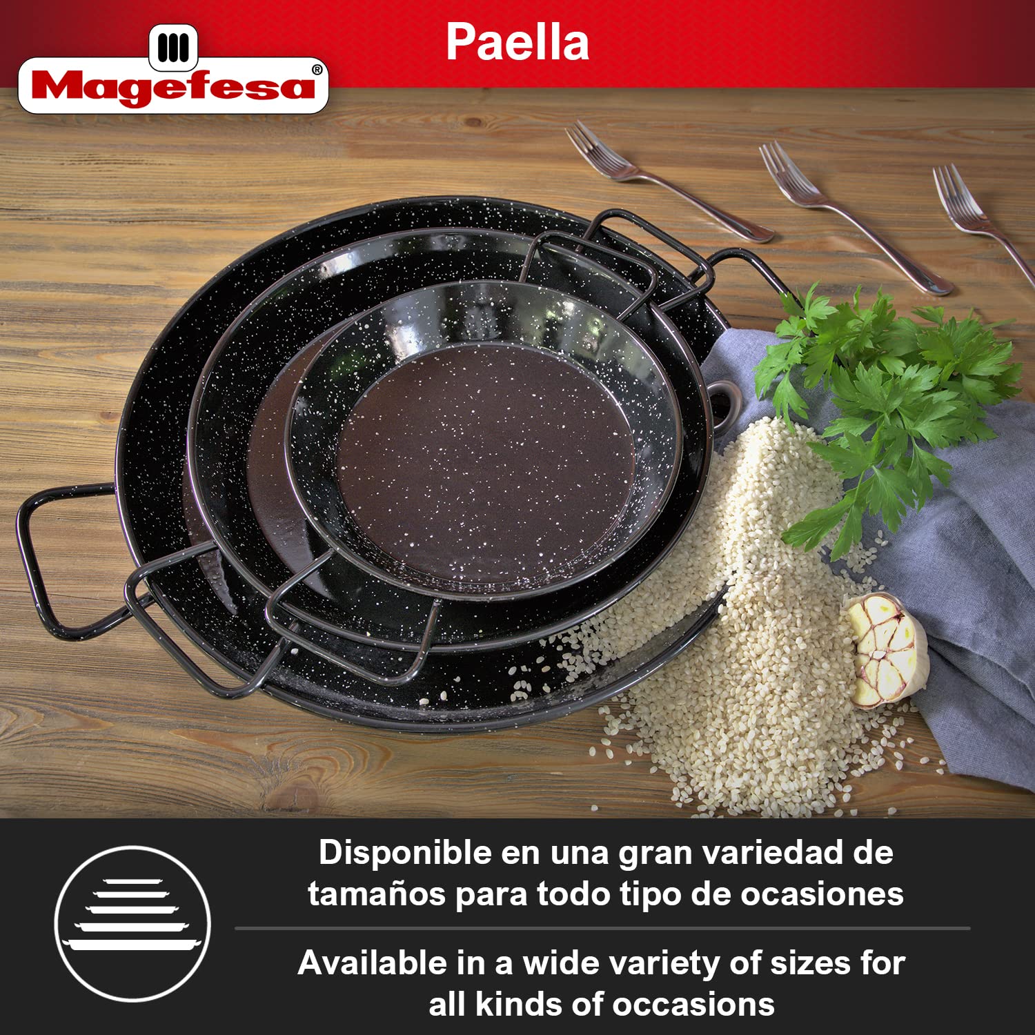 MAGEFESA® Enamelled - paella pan 17 in - 42 cm and 10 Servings, made in Enameled Steel, with dimples for greater resistance and lightness, ideal for cooking outdoors, cook your own Valencian paella