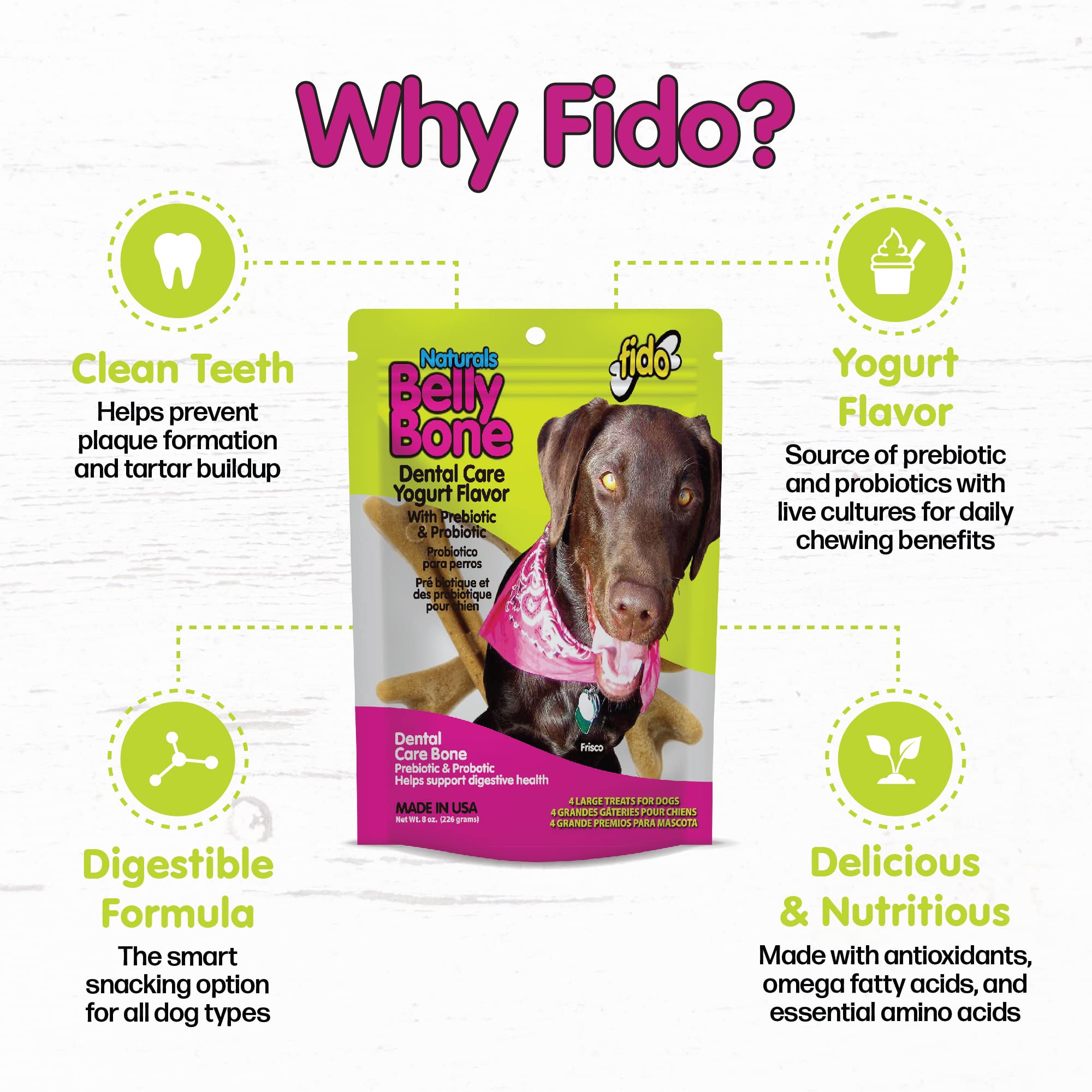 Fido Belly Bones for Dogs, Yogurt Flavored Large Dog Dental Treats - 4 Treats Per Pack (3 Pack) - for Large Dogs (Made in USA) - Plaque and Tartar Control for Fresh Breath, Digestive Health Support