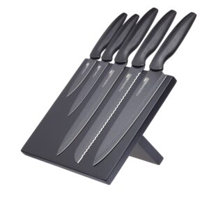 MasterClass Agudo 5-Piece Non-Stick Stainless Steel Knife Set and Magnetic Knife Block, Black