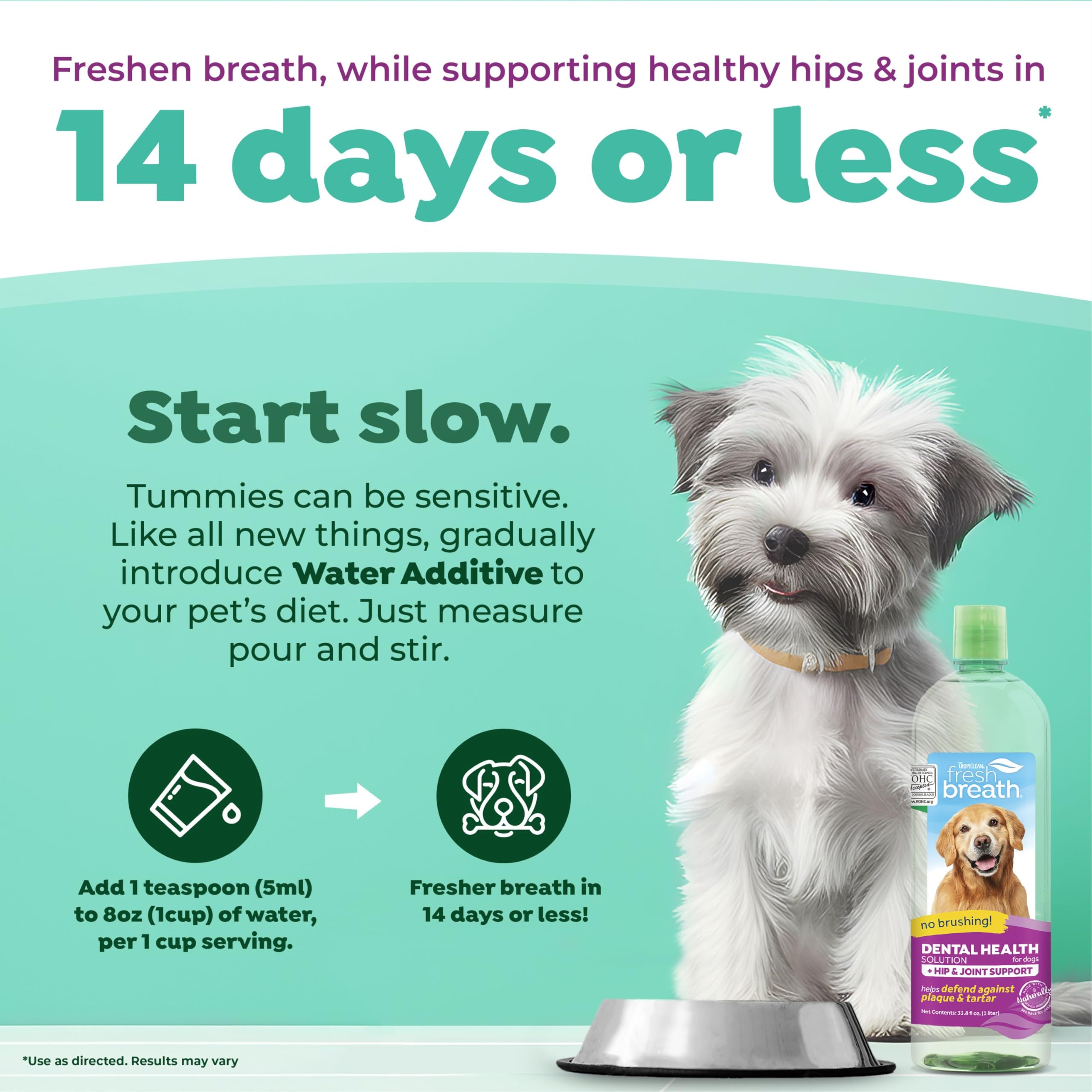 TropiClean Fresh Breath Plus Glucosamine for Hips & Joints | Dog Breath Water Additive | Dental Care | Dog Breath Freshener | Simple Pet Teeth Cleaning | Made in USA | 33.8 oz