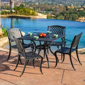 Christopher Knight Home Hallandale Cast Aluminum Outdoor Dining Set, 5-Pcs Set, Black Sand