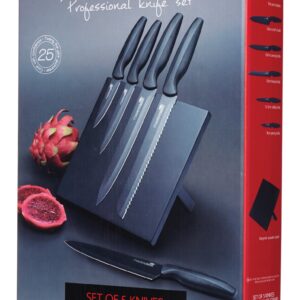 MasterClass Agudo 5-Piece Non-Stick Stainless Steel Knife Set and Magnetic Knife Block, Black