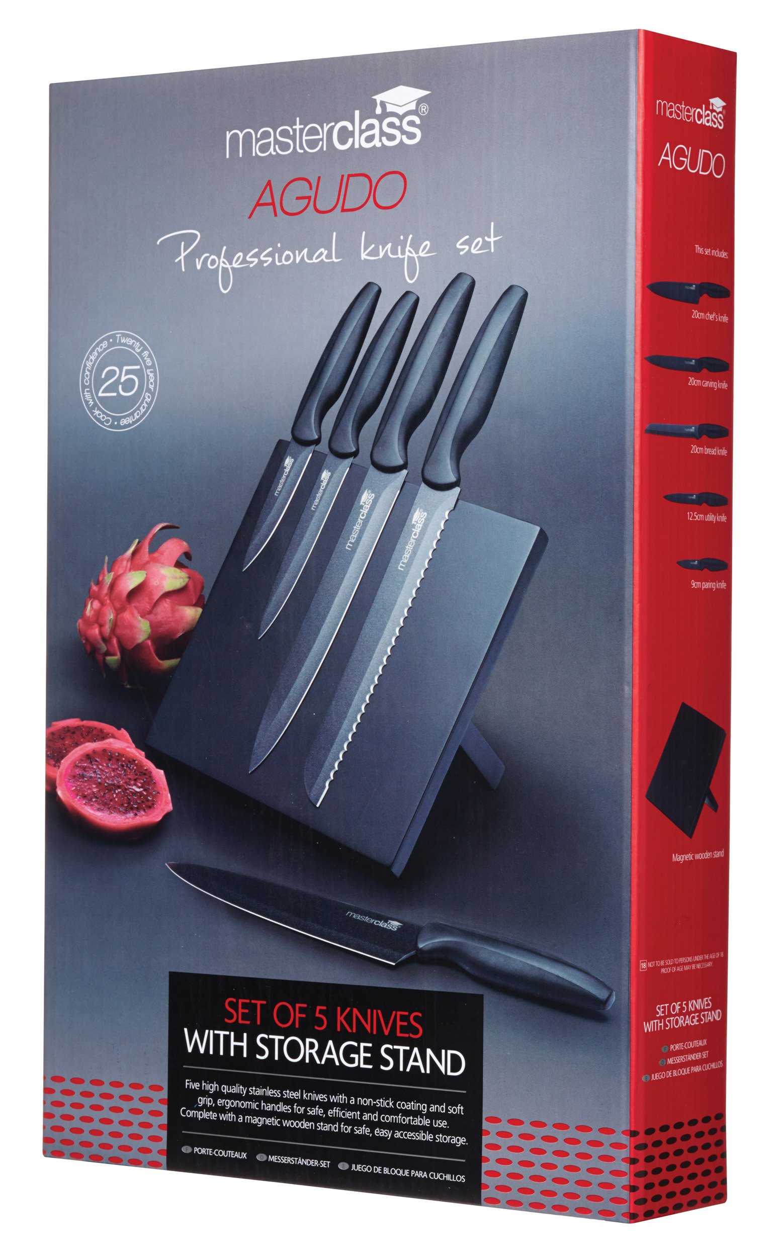 MasterClass Agudo 5-Piece Non-Stick Stainless Steel Knife Set and Magnetic Knife Block, Black