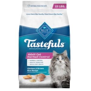 blue buffalo tastefuls natural dry food for adult cats, hairball control, chicken & brown rice recipe, 15-lb. bag