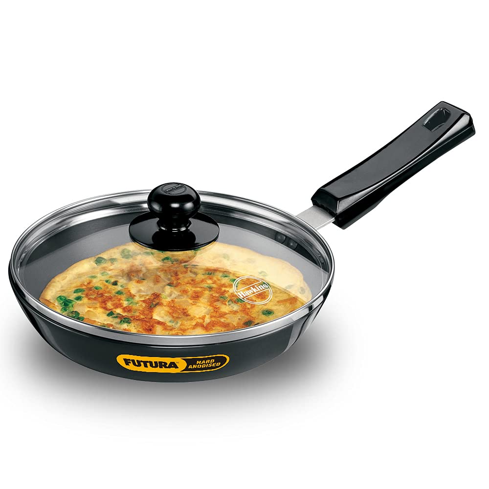 Hawkins Futura Hard Anodised Frying Pan With Glass Lid, 22cm Black