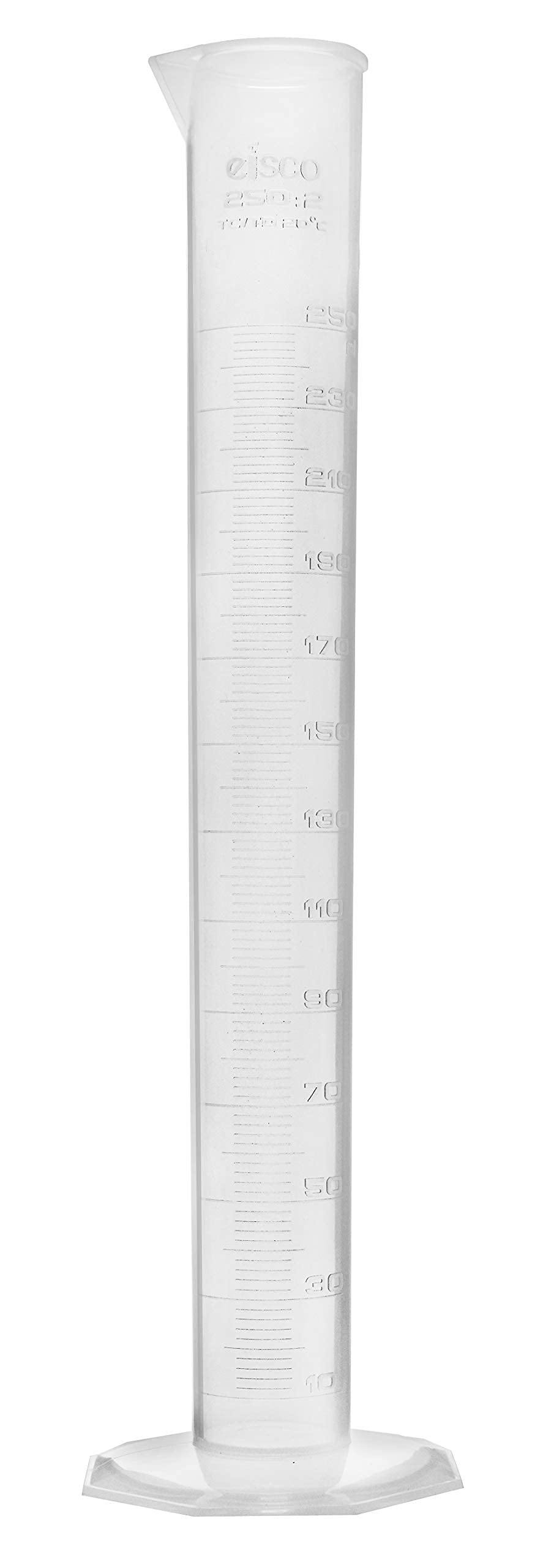 EISCO Graduated Cylinder, 250mL - Class B Tolerance - Octagonal Base - Polypropylene Plastic - Industrial Quality, Autoclavable