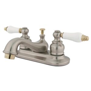 kingston brass gkb609b restoration teapot faucet with ceramic handle with retail pop-up, brushed nickel with polished trim