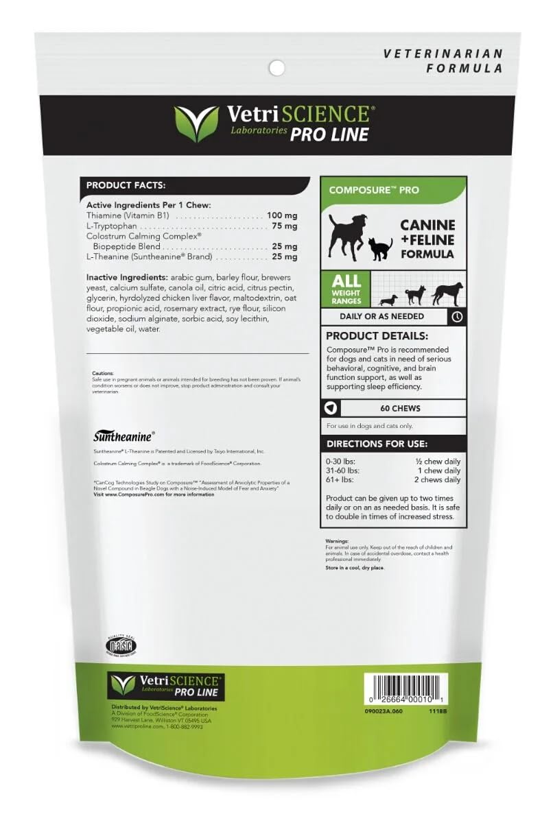 VetriScience Composure Pro - Calming Support Supplement for Cats & Dogs - Relaxation Bites with Colostrum Calming Complex & Vitamin B - Clinical Strength Calming Pet Aid Chews - 60 Chews