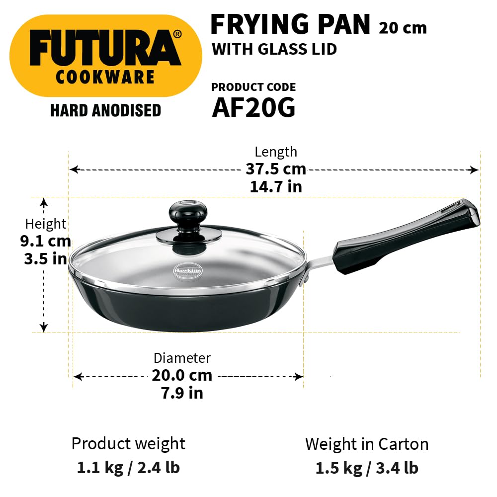 Hawkins Futura Hard Anodised Frying Pan With Glass Lid, 22cm Black