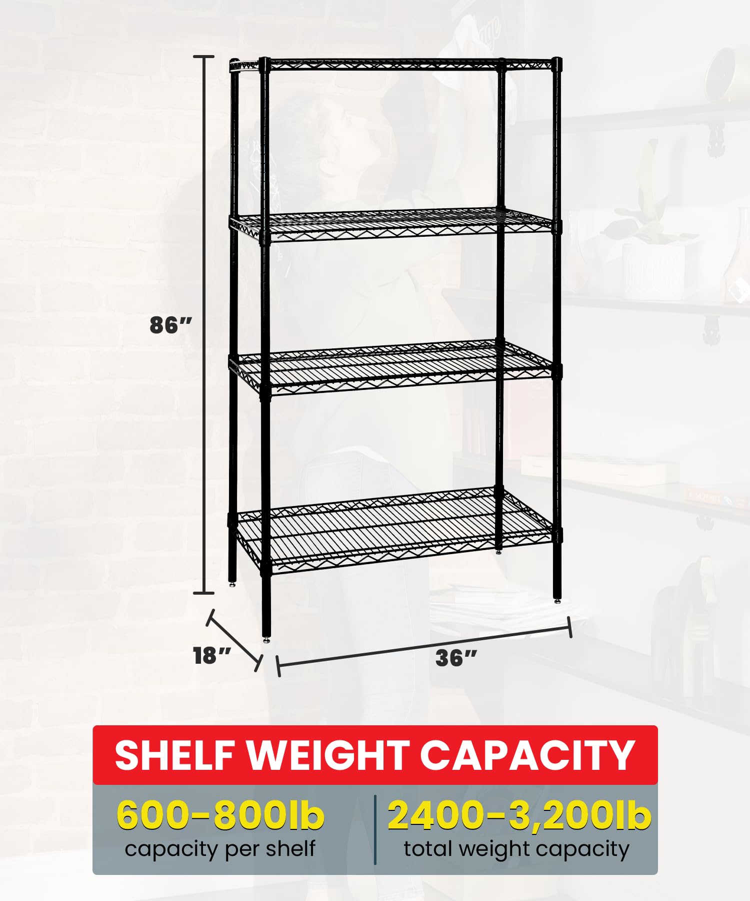 Quantum Storage Systems WR86-1836BK Starter Kit for 86" Height 4-Tier Wire Shelving Unit, Black Finish, 18" Width x 36" Length x 86" Height