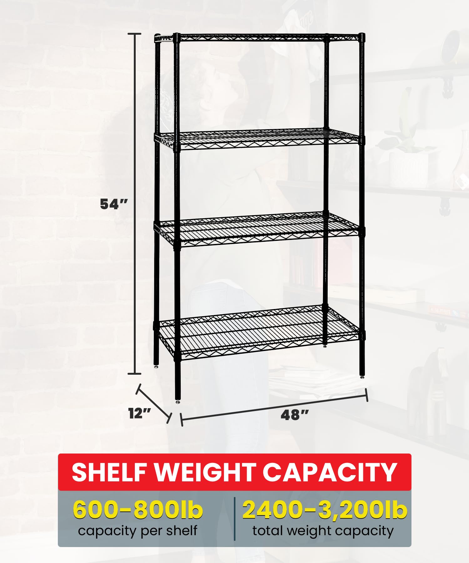 QUANTUM STORAGE SYSTEMS WR54-1248BK Starter Kit Wire Shelves Black Epoxy 4 Shelves 54" H x 48" W x 12" D