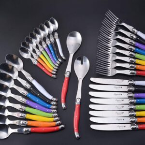 Laguiole By FlyingColors Stainless Steel Flatware Set. Multicolor Handles, Wooden Storage Box, 34 Pieces