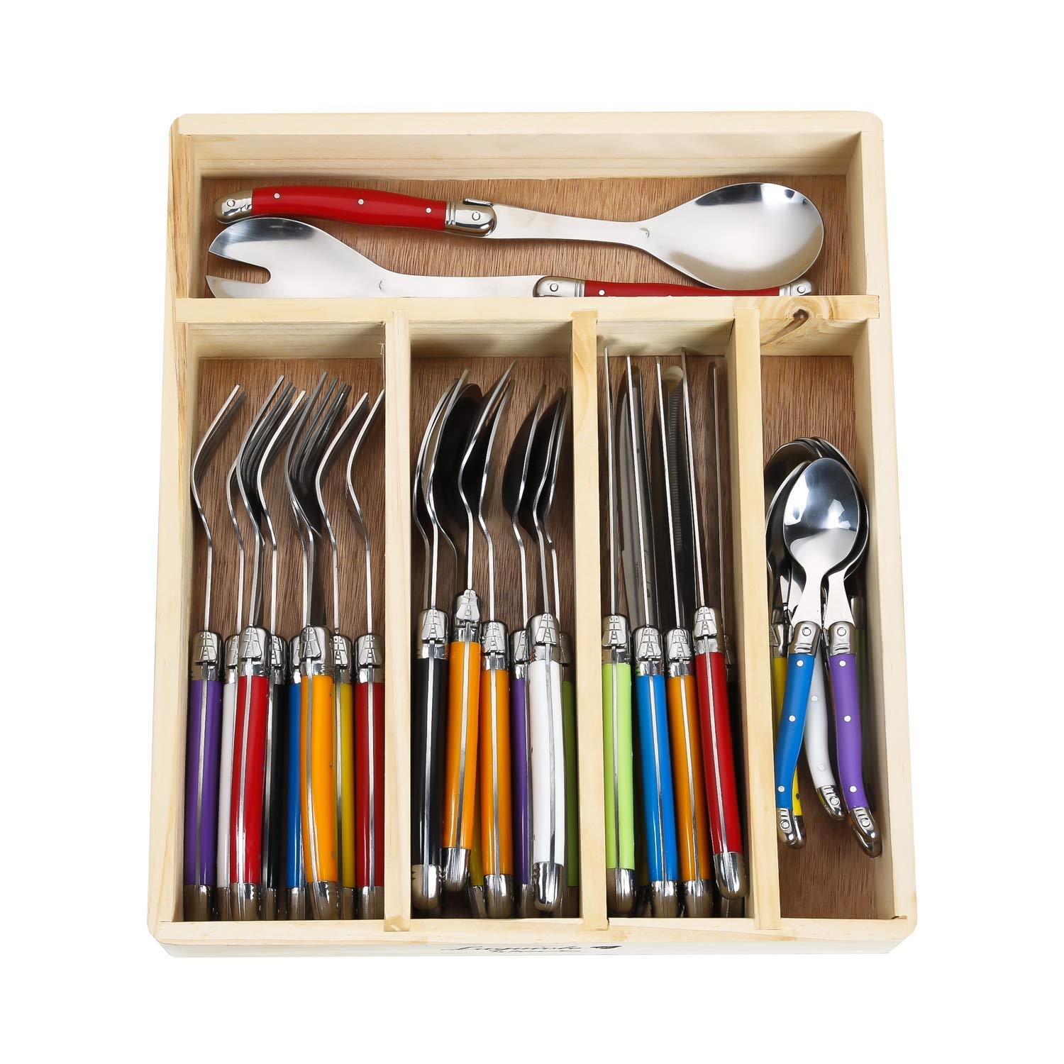 Laguiole By FlyingColors Stainless Steel Flatware Set. Multicolor Handles, Wooden Storage Box, 34 Pieces