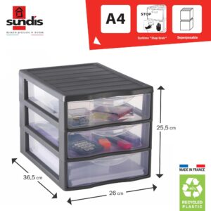 Sundis Orgamix Mini Drawer Tower with 3 drawers Medium Size PP Argent 36,5 x 26 x 25,5 cm