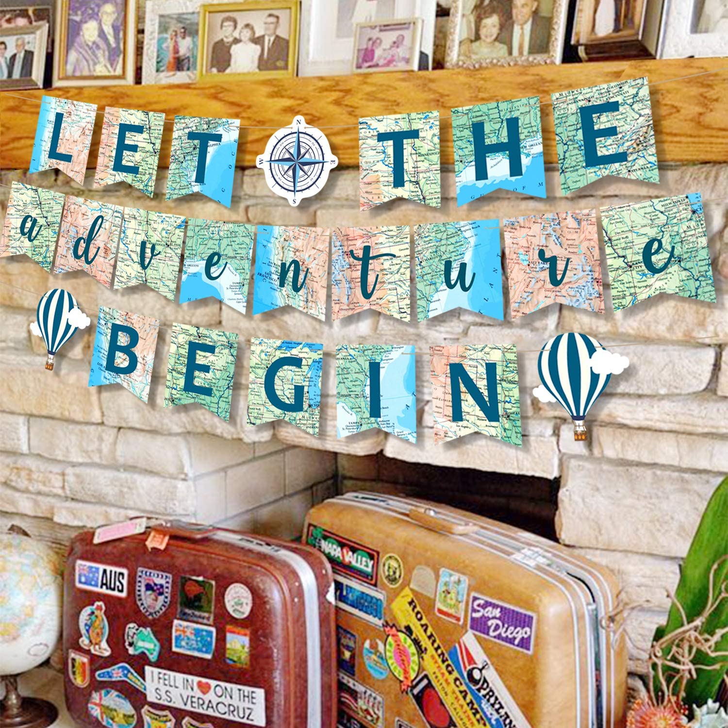 Yaaaaasss! Let the Adventure Begin Banner Adventure Awaits Bon Voyage Map Banner for Travel Themed Birthday Baby Shower Graduation Retirement Job Career Change Farewell Party Decorations Supplies