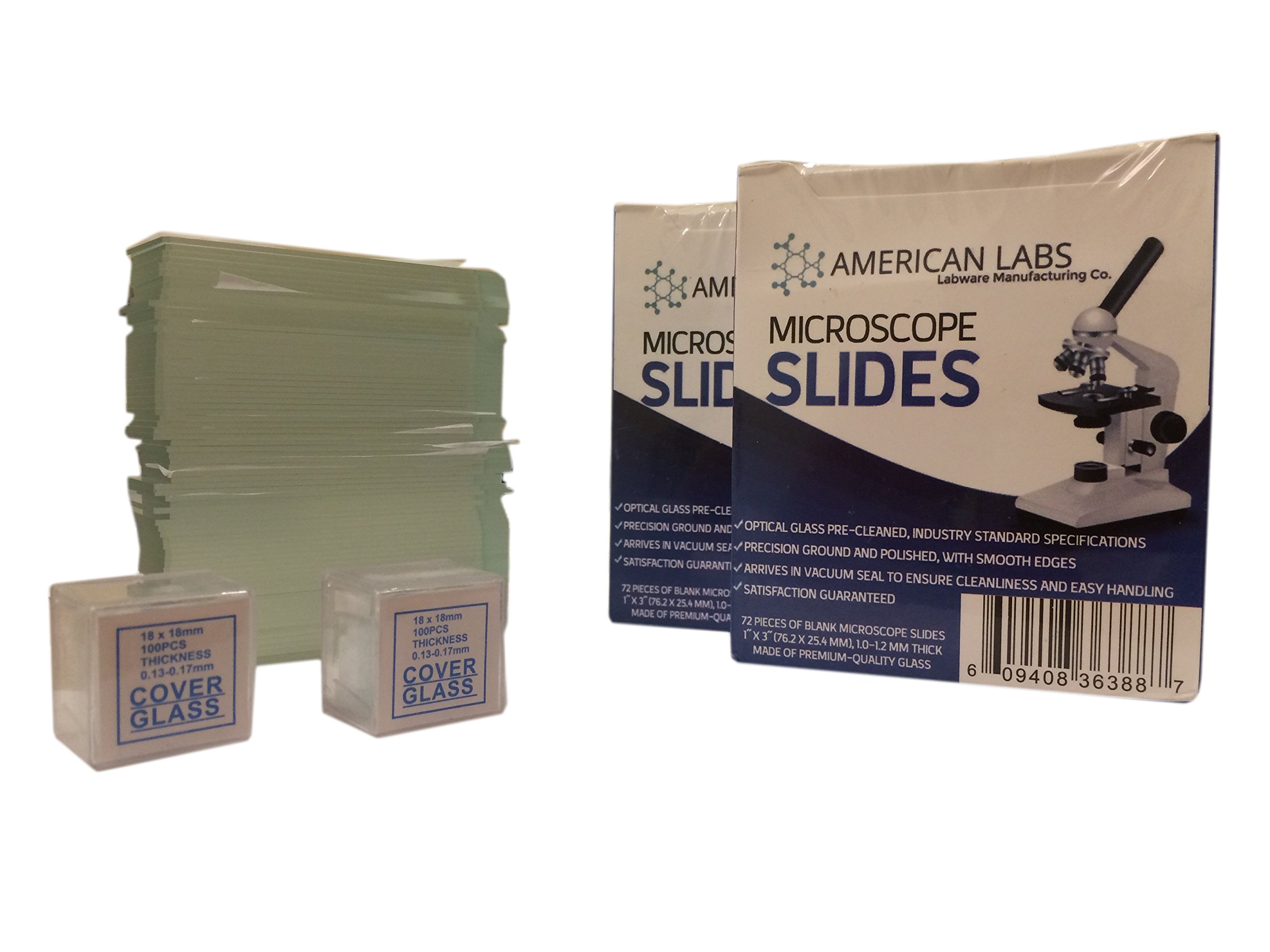 American Labs BS-144P-200S-22-A 144 Blank Microscope Slides and 200 Cover Glass Pre Cleaned - 2 Packs Ground Edges