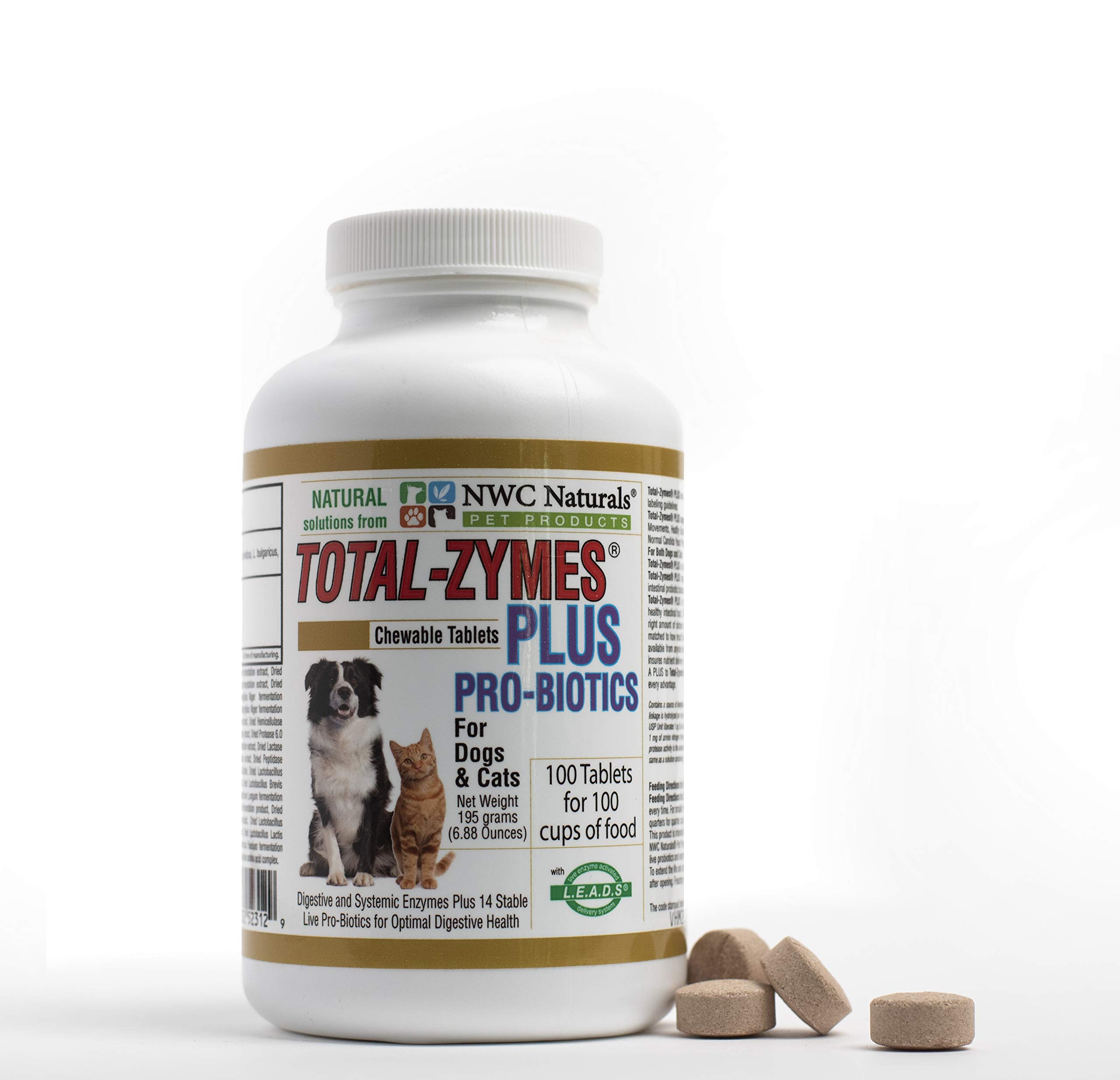 Total-Zymes PLUS Vegetarian Digestive Enzymes for Dogs & Cats, Supports a Healthy Digestive Tract & Immune System, Advanced Probiotics & Prebiotics- 100 Chewable Tablets by NWC Naturals