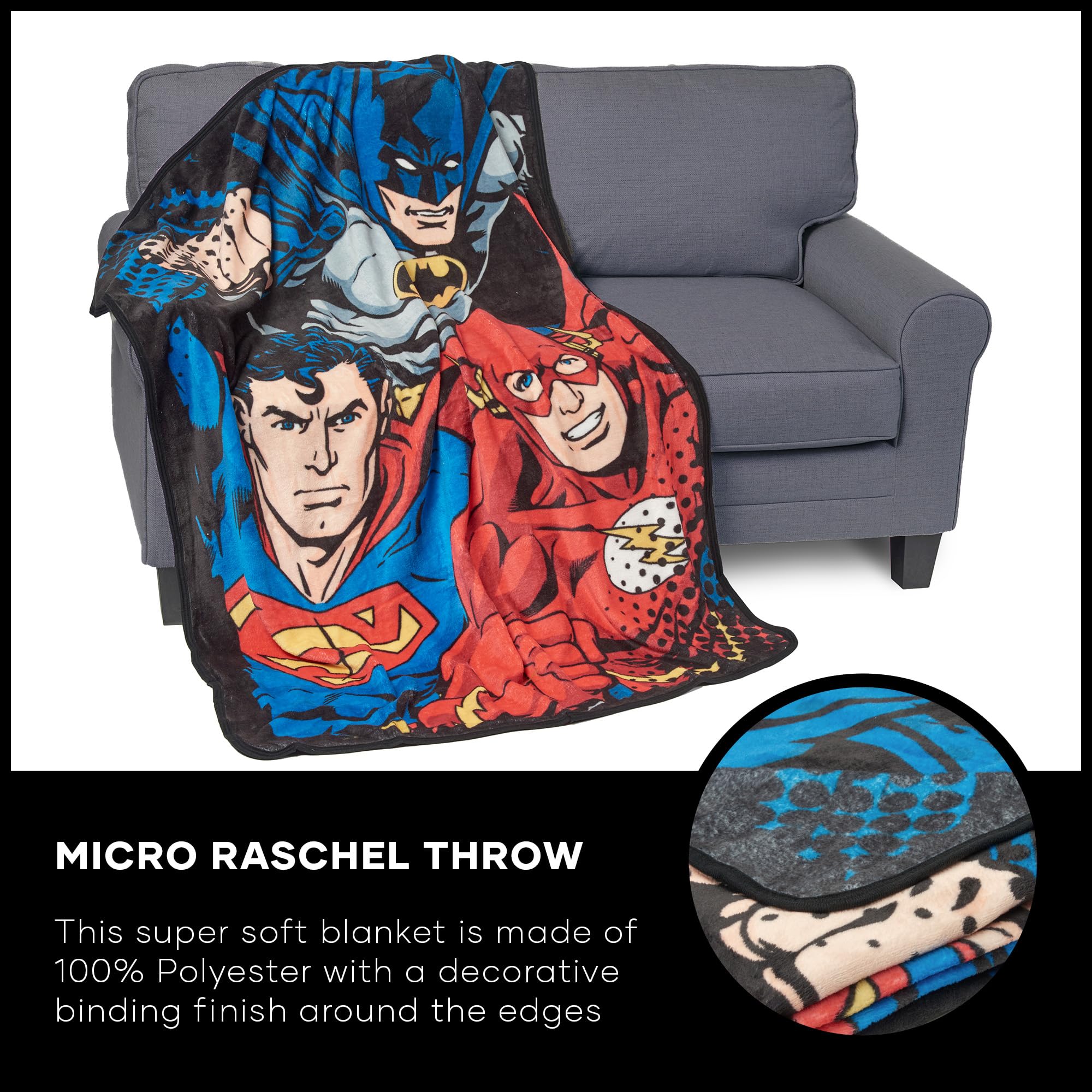 DC Comics Justice, League Trio Micro Raschel Throw Blanket, 46" x 60", Multi Color, 1 Count