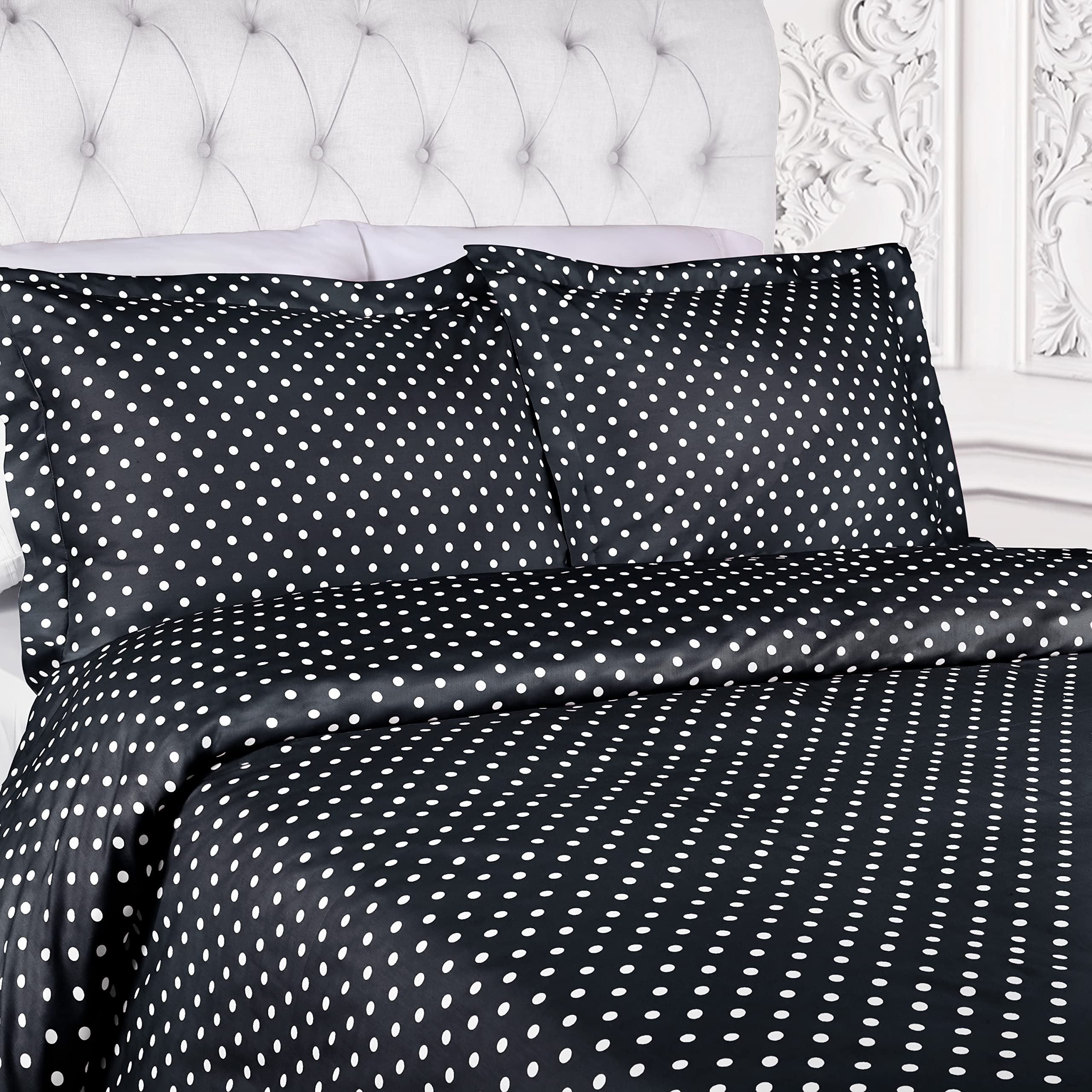 SUPERIOR Cotton Blend Duvet Cover Set, Polka Dot Design, Includes 1 Duvet Cover with Button Closure 1 Pillow Sham, Luxury Bedding, Sateen Weave, Twin, Black