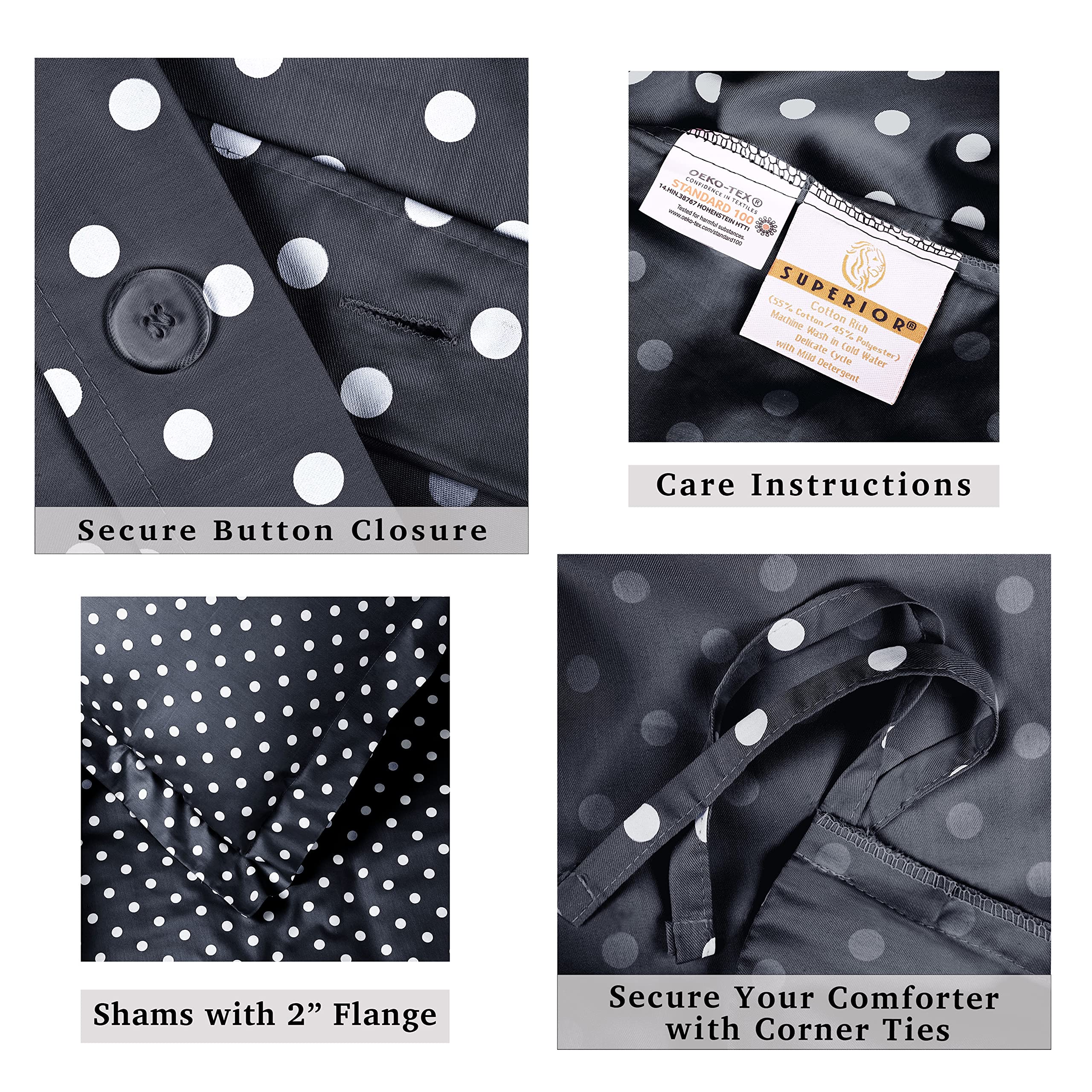 SUPERIOR Cotton Blend Duvet Cover Set, Polka Dot Design, Includes 1 Duvet Cover with Button Closure 1 Pillow Sham, Luxury Bedding, Sateen Weave, Twin, Black