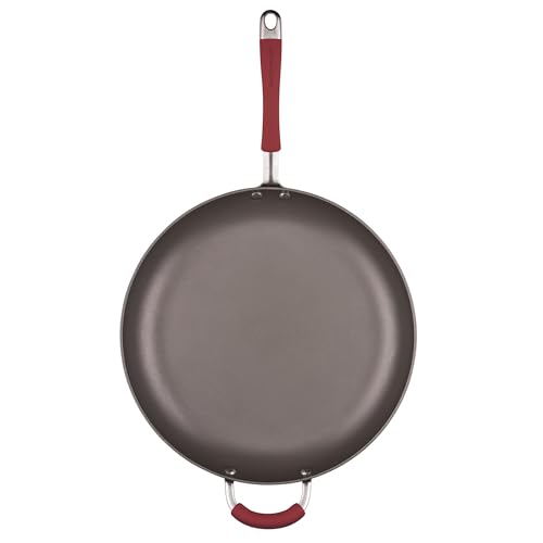 Rachael Ray 87631-T Cucina Hard Anodized Nonstick Skillet with Helper Handle, 14 Inch Frying Pan, Gray/Red