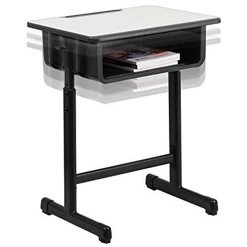 Flash Furniture Billie Open Front Student Desk for Classrooms or Remote Learning, Height Adjust School Desk with Book Box and Bag Hooks, Black/Gray