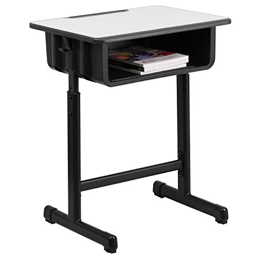 Flash Furniture Billie Open Front Student Desk for Classrooms or Remote Learning, Height Adjust School Desk with Book Box and Bag Hooks, Black/Gray