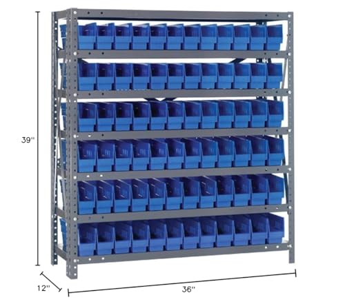 Quantum Storage Systems 1239-100BL Steel Shelving Unit with 4" Shelf Bins, 12" D x 36" W x 39" H, Blue