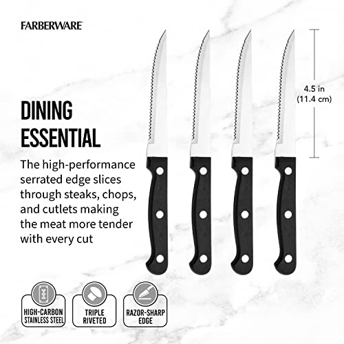 Farberware Stamped Triple Rivet High Carbon Stainless Steel Steak Knife Set, 4-Piece, Black