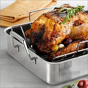 Tramontina 16.5-Inch Stainless Steel Deep Roasting Pan with Basting Grill and V-Rack, Turkey Roaster for Oven, Dishwasher Safe, Made in Brazil