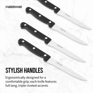 Farberware Stamped Triple Rivet High Carbon Stainless Steel Steak Knife Set, 4-Piece, Black