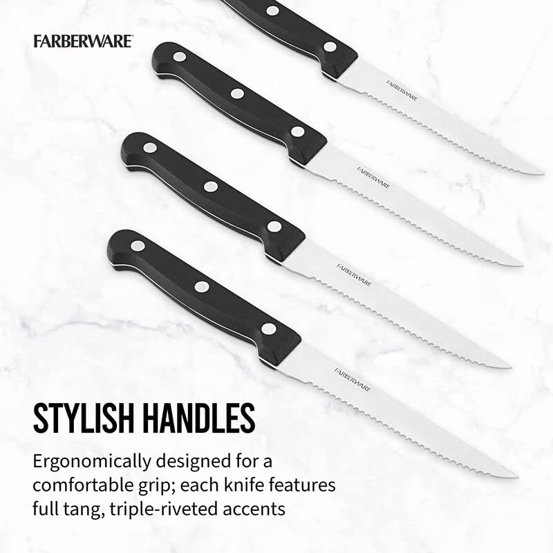 Farberware Stamped Triple Rivet High Carbon Stainless Steel Steak Knife Set, 4-Piece, Black